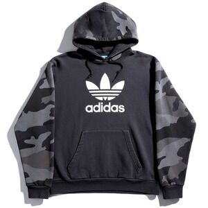 Adidas Originals Mens Medium Camo Sleeve Trefoil Hoodie Black Grey Pullover